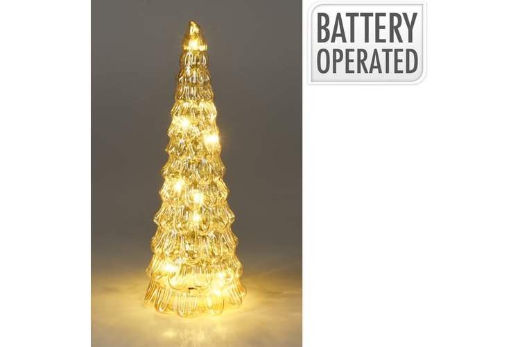 A small glass Christmas tree with amber-colored LED lights, labeled 'Battery Operated'.