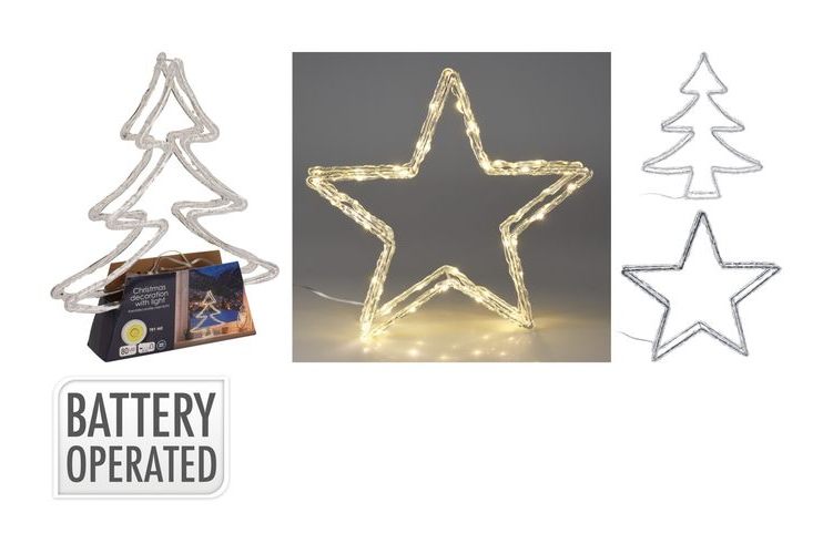 TREE STAR AND ANGEL silhouette 50LED W/White 2 Ass B/O 34Cm