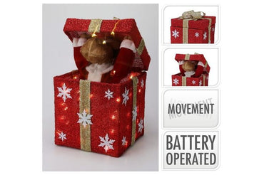 LED 3D Giftbox Red LED With Reindeer  B/O 50Cm TOUCH SENSOR OPENS & CLOSES MUSICAL