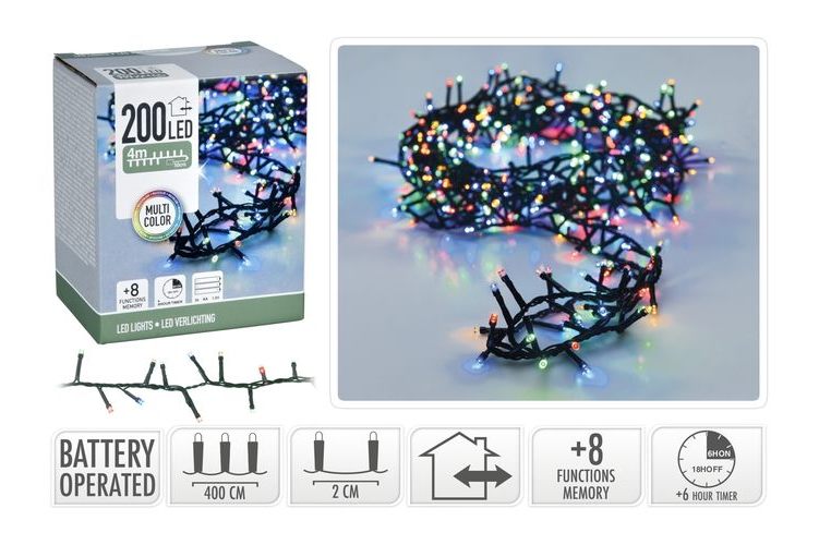 Cluster Lights 200LED Multi IP44 B/O 4M 4 colour options