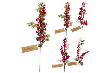four designs 55cm artificial Christmas stem decorations with red berries and pine cones 