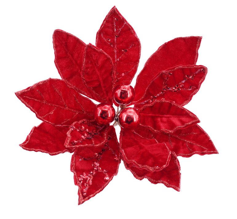 Poinsettia Red Baubles Clip 35cm Asst