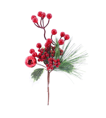 Pine RED Berry Pick with pine leaves 24cm Asst