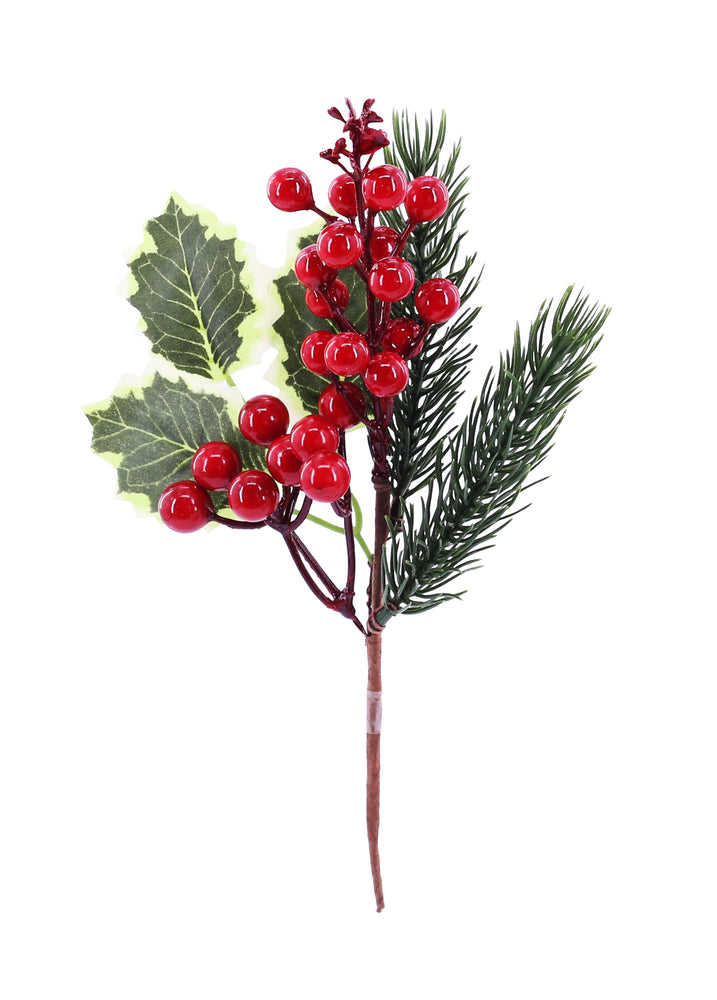 Pine RED Berry Pick with pine leaves 24cm Asst
