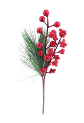 Pine RED Berry Pick with pine leaves 24cm Asst