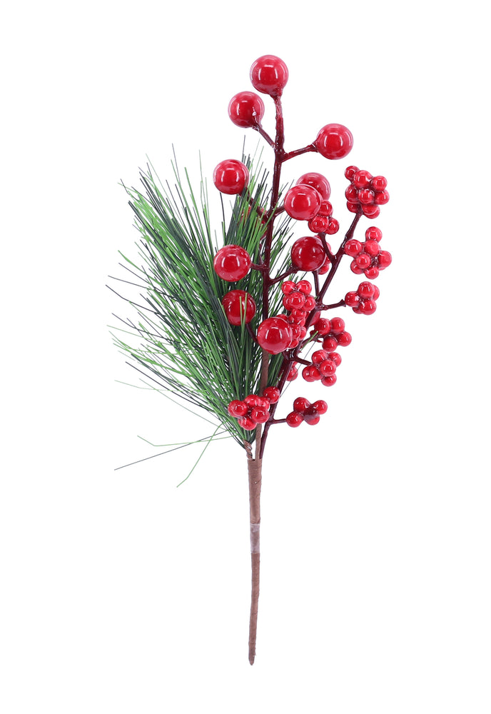 Pine RED Berry Pick with pine leaves 24cm Asst