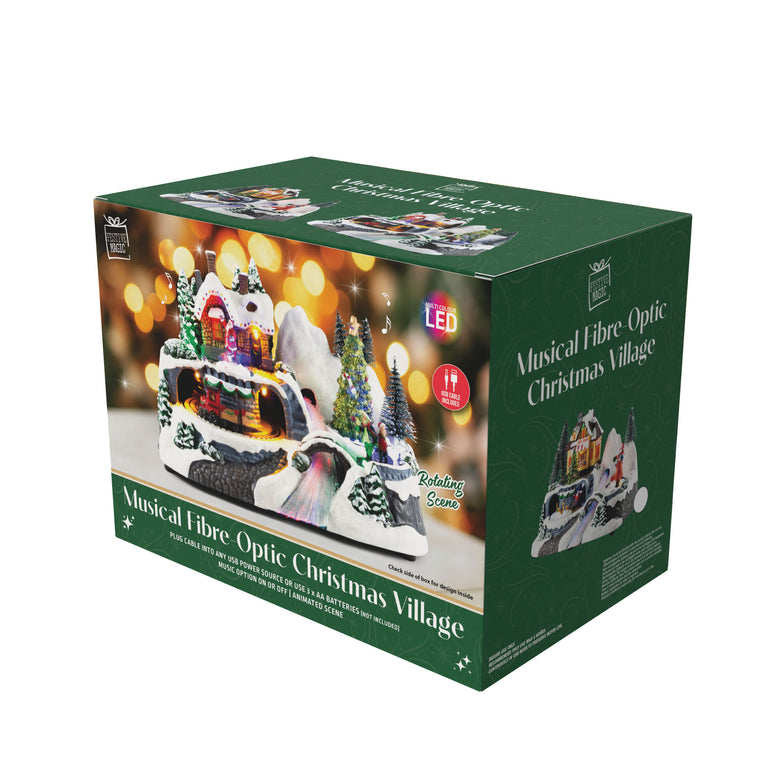 LED Musical Village Scene F/Optic USB Asst