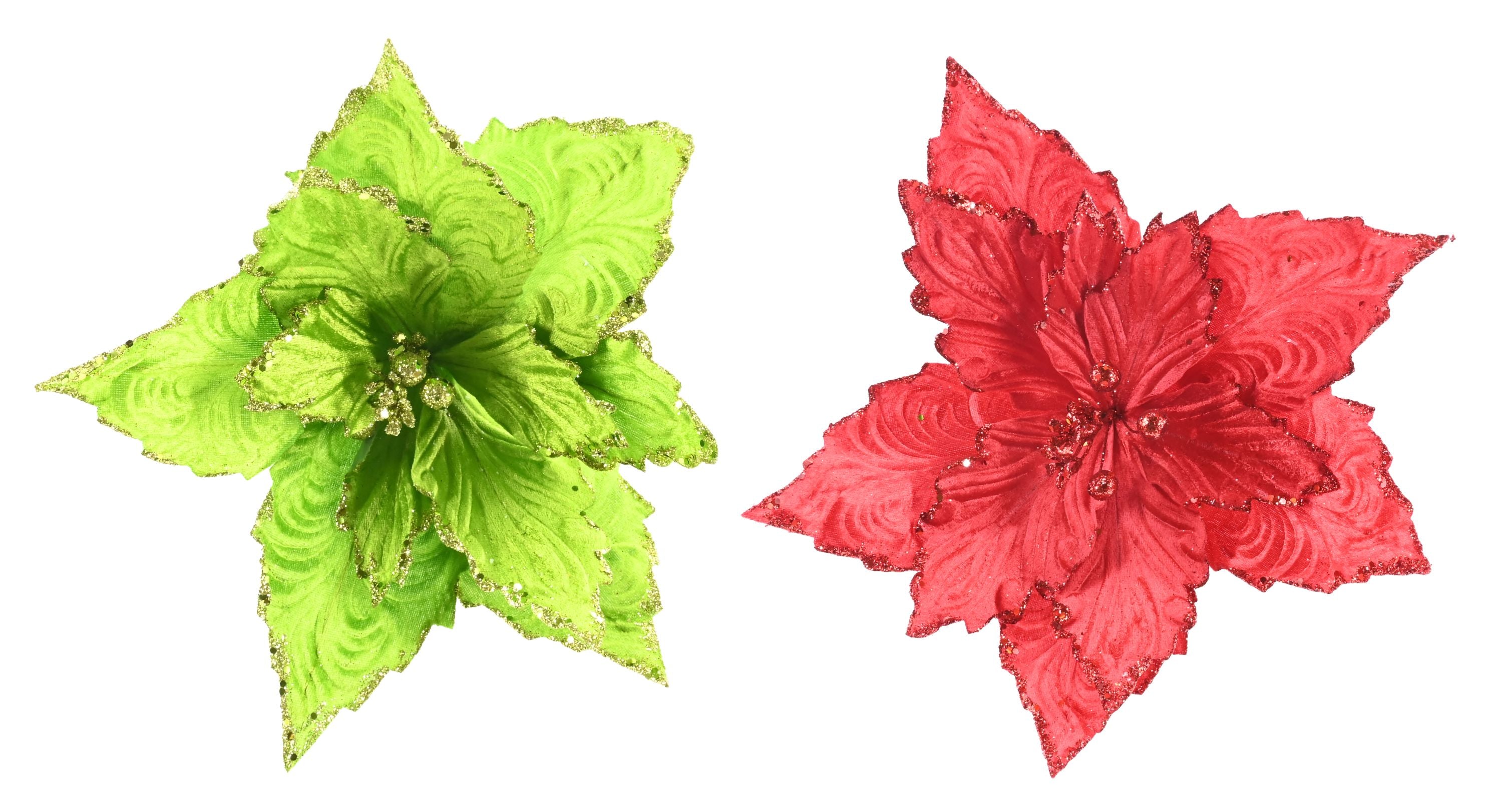 Vibrant Velvet Poinsettia Stem Asst red green