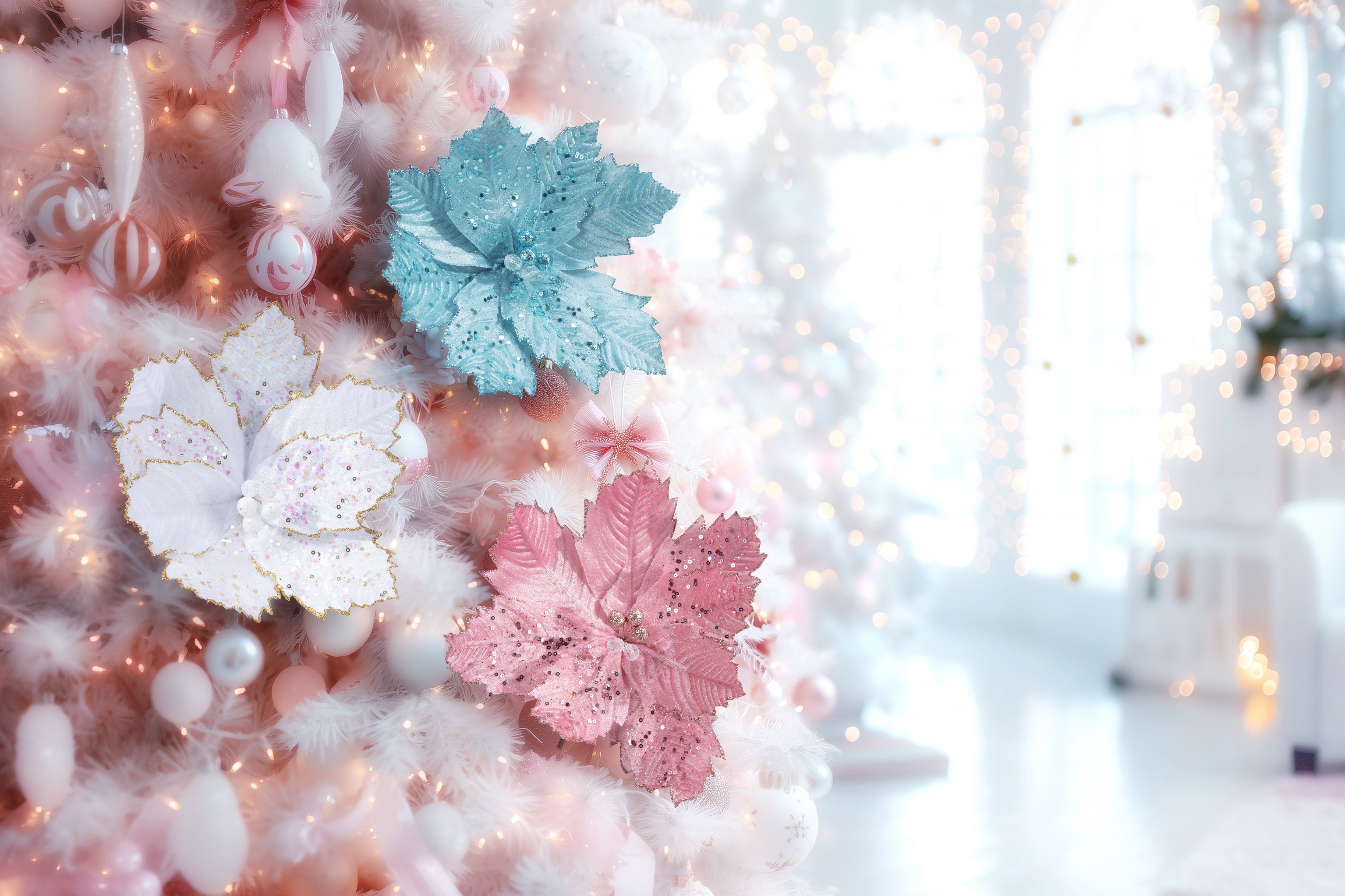 Iridescent Sequins Poinsettia Stem Asst 40cm