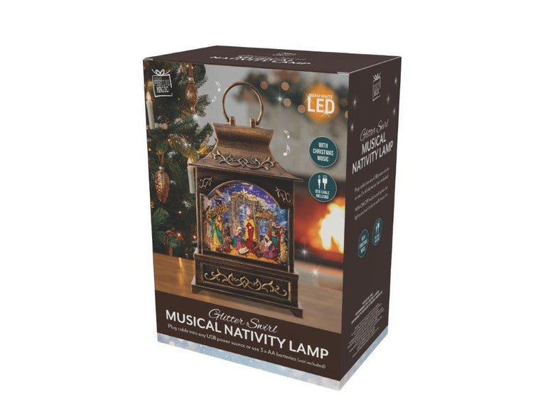 Glitter Swirl Musical Nativity Backdrop Lantern USB