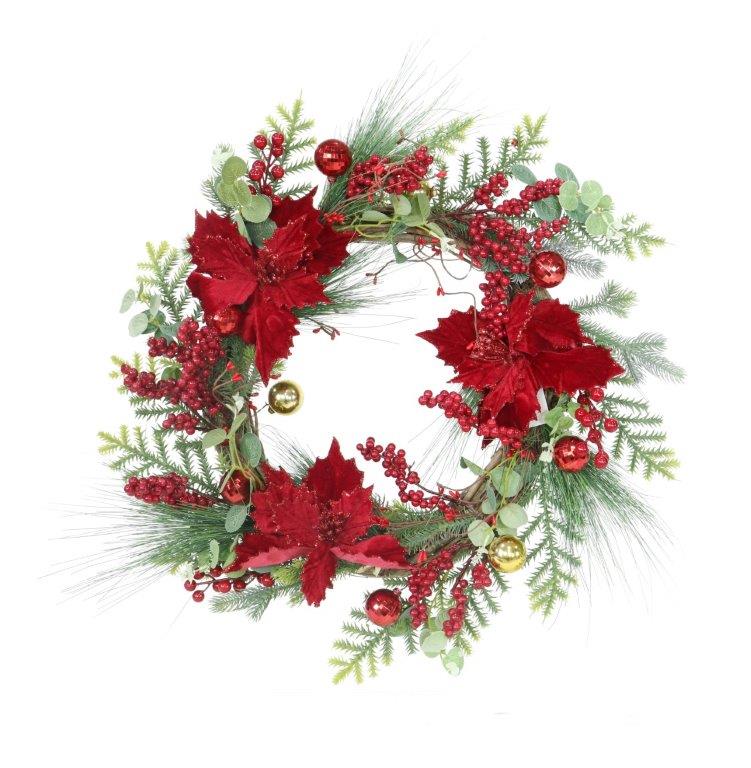 Velvet Poinsettia Bauble Wreath 55cm