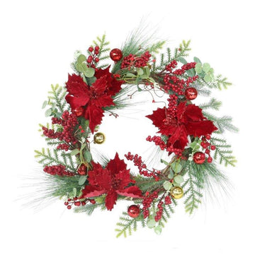 Velvet Poinsettia Bauble Wreath 55cm