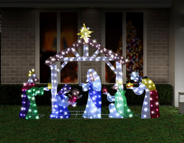 LED Mesh Tinsel Nativity Scene colourful outdoor indoor