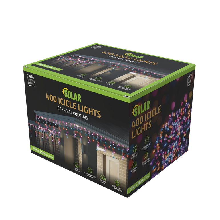 Solar LED Icicle Lights 400 Asst Colour