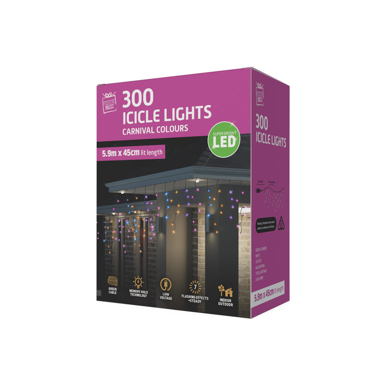 LED 300 Icicle Lights 5 Asst Colours