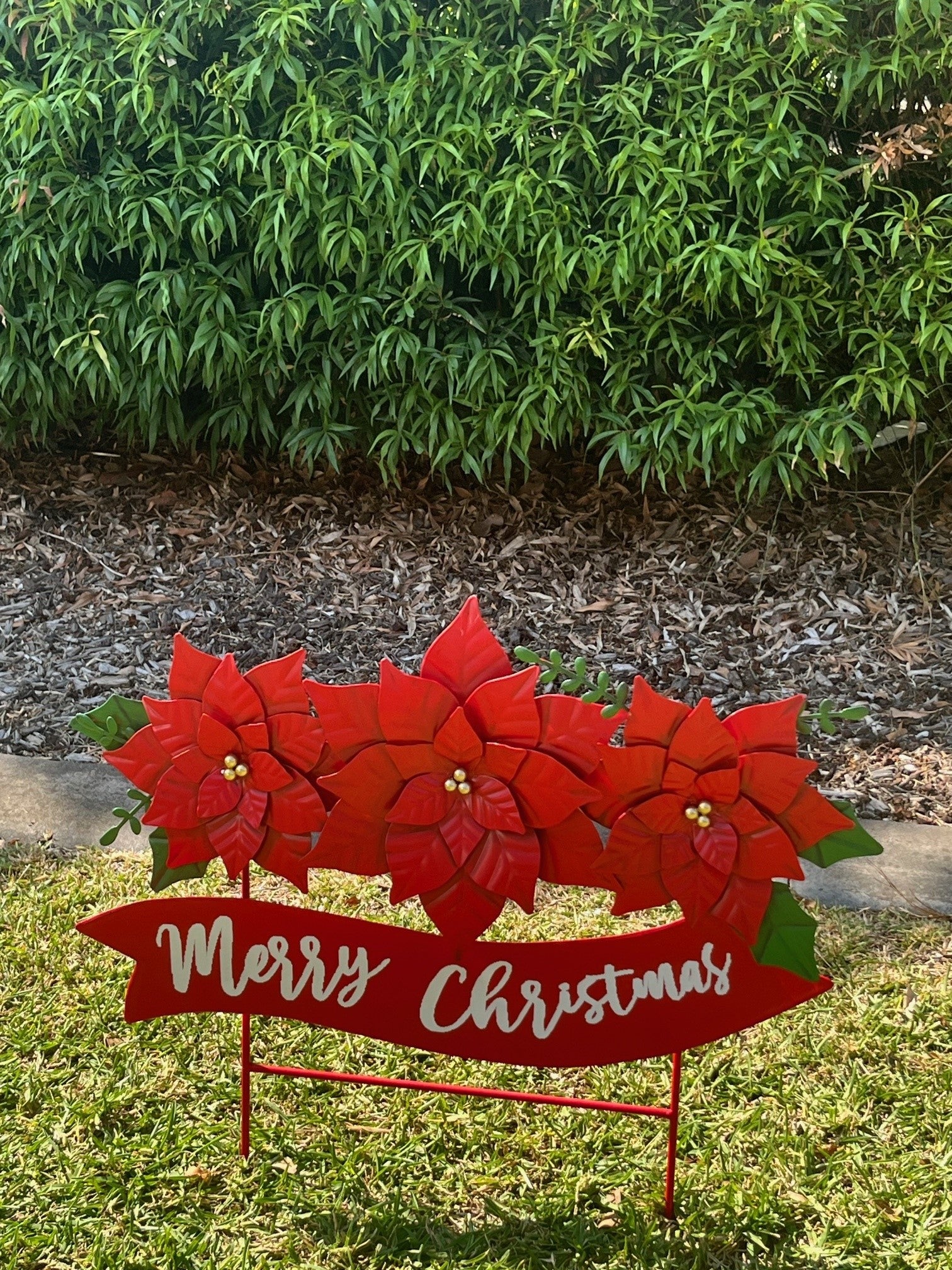 Metal Poinsettia Merry Christmas Yard Sign