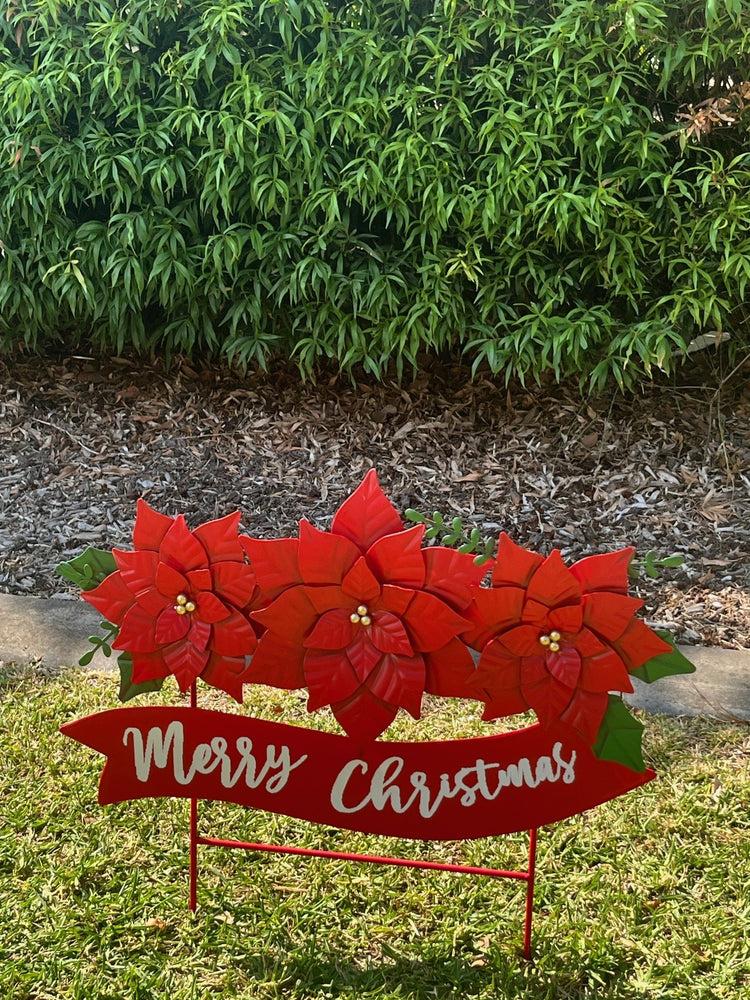 Metal Poinsettia Merry Christmas Yard Sign
