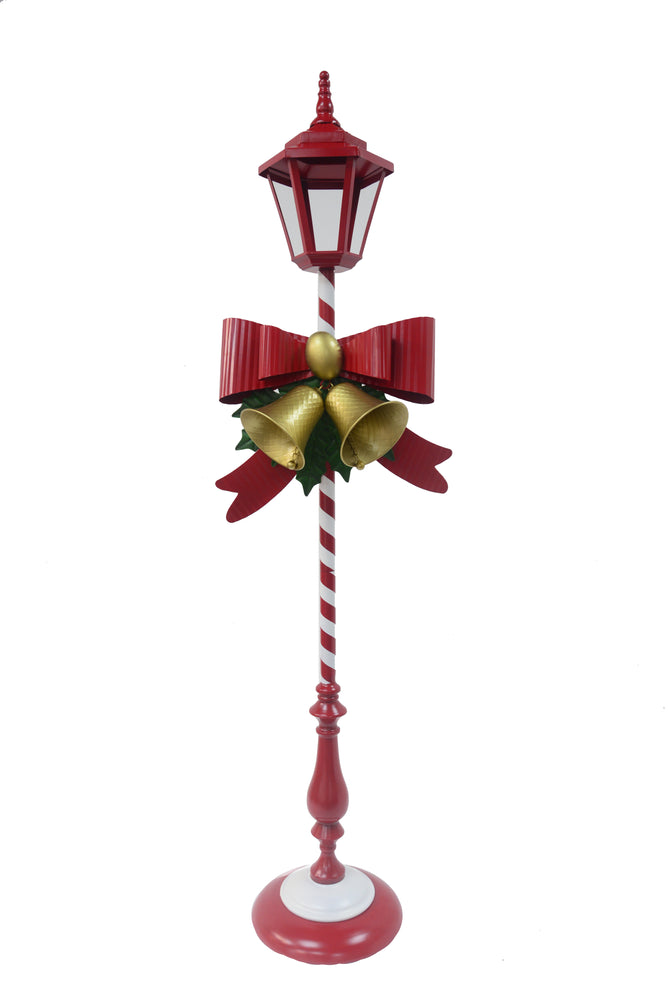 Metal Candy cane Lamppost with Bow and Twin Bells 173 cm