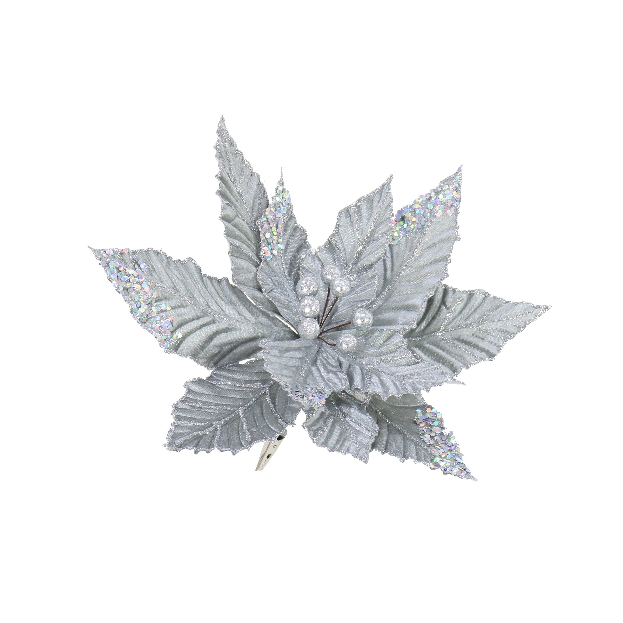 Poinsettia Clip Silver Velvet/Sequin