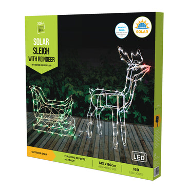 Solar LED Sleigh with Reindeer - GREEN RED WHITE