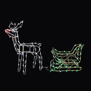 Solar LED Sleigh with Reindeer - GREEN RED WHITE