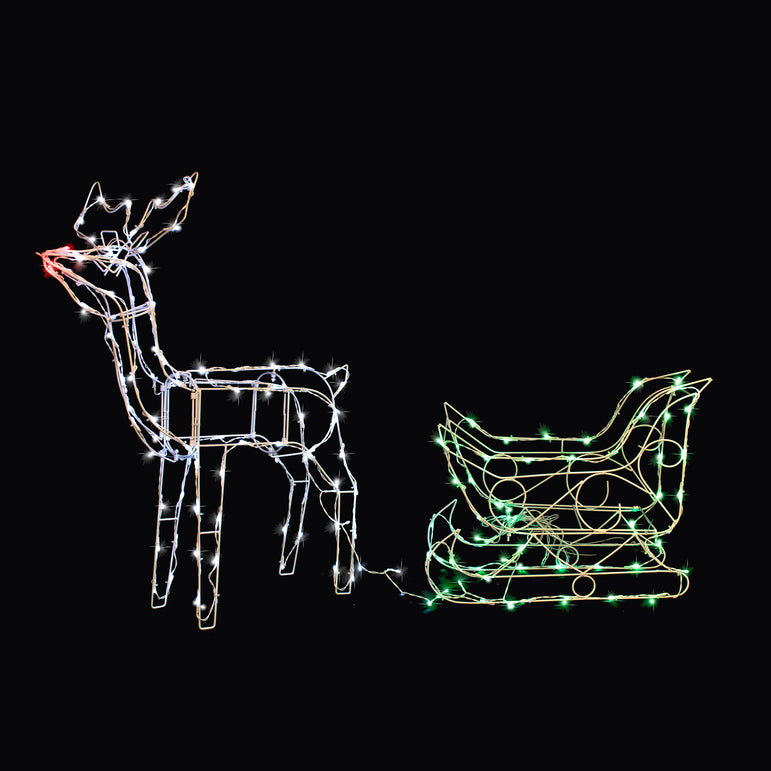 Solar LED Sleigh with Reindeer - GREEN RED WHITE