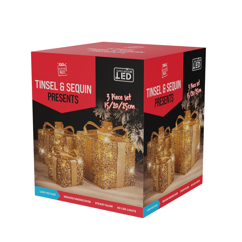 LED Tinsel Presents Set of 3 Gold